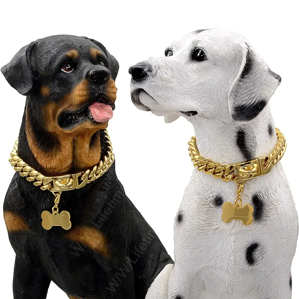 Coleira de cão de aço inoxidável com fivela de segurança, Strong Cuban Link Chain, Training Collar, Colar Dog, Walking Collar, 15mm