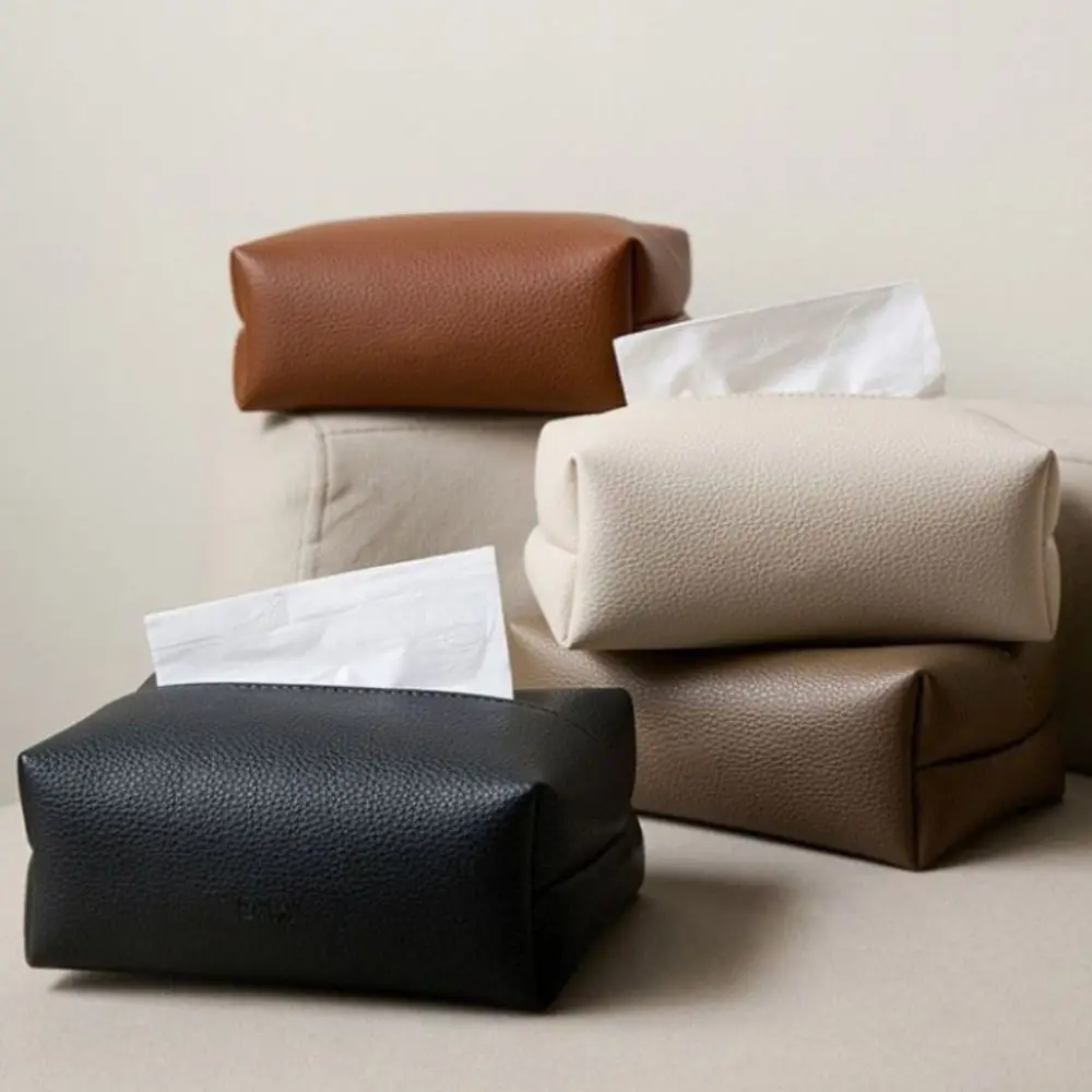 Artificial Leather Tissue Box Desktop Decoration Square Design Napkin Holder Solid Color Dustproof Tissue Paper Storage Bag