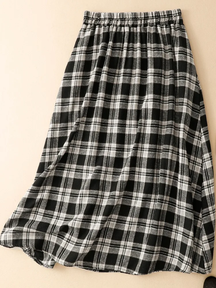 Retro Black White Plaid Pure Cotton Long Skirt Women's Autumn Daily Commute Full A-Line Midi Skirt Young Long Pleated Skirt