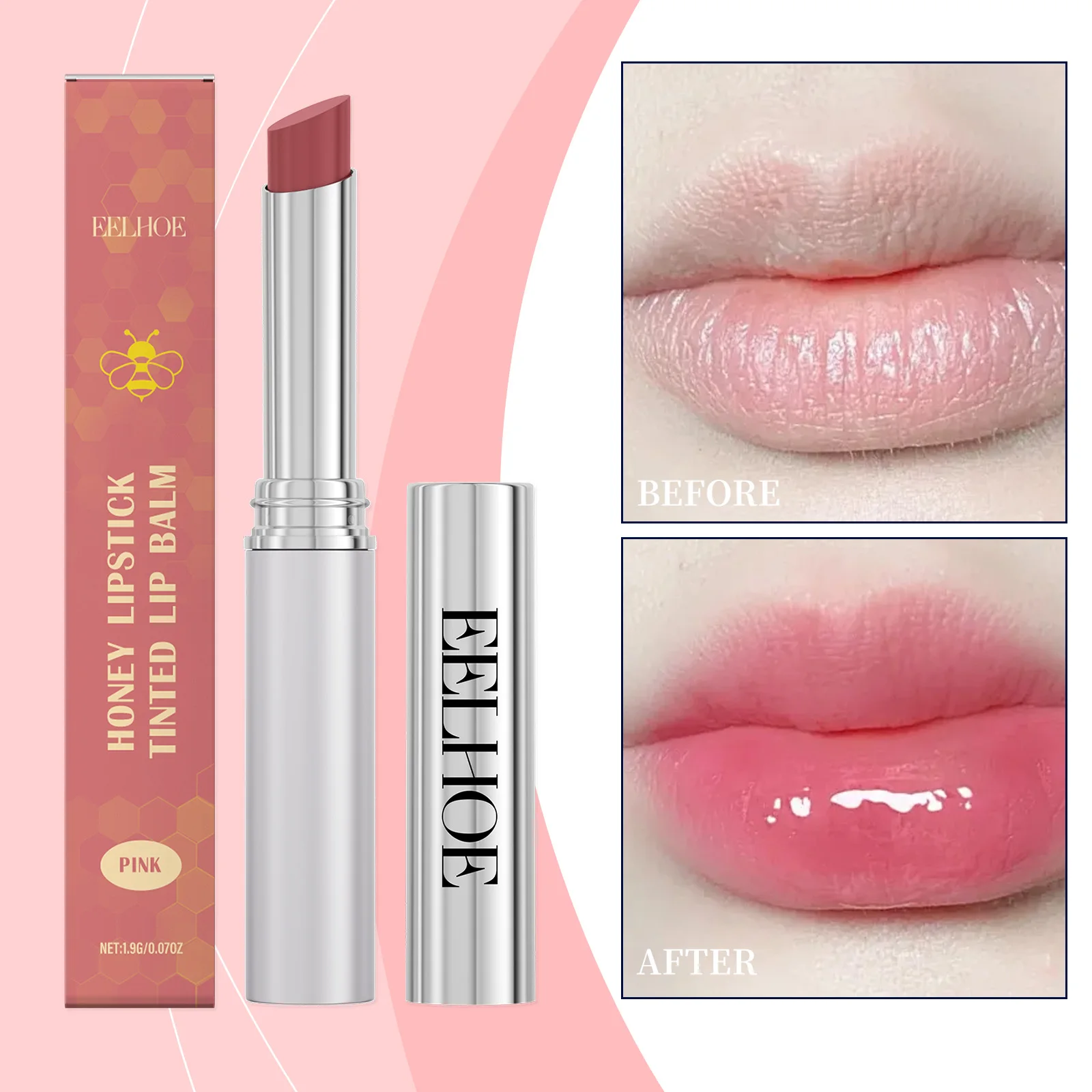 أحمر شفاه EELHOE Pink Honey - بلسم شفاه ملون مع العناية بالترطيب، لون وردي طبيعي، مكياج شفاه يدوم طويلاً