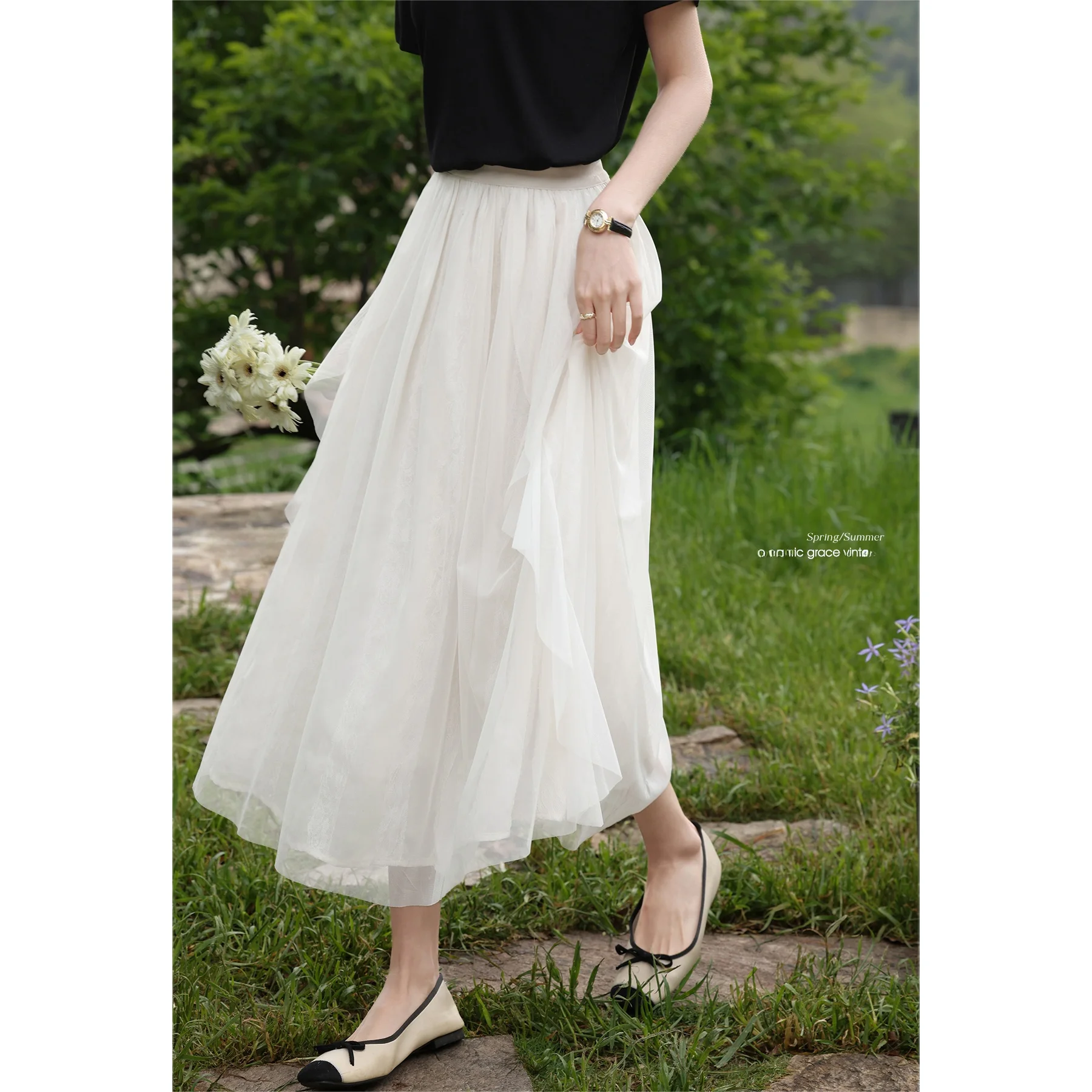 

Romantic Aosphere f-length A-line Skirt for Women in Soft Beige Loose Fit Summer Thin Veil Casual Commute Sle