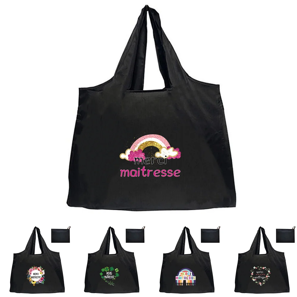 

Shopping Folding Pouch Handbags Picnic Storage Bag Large-Capacity Travel Grocery Tote Beach Bag Merci Maitresse Theme Printing