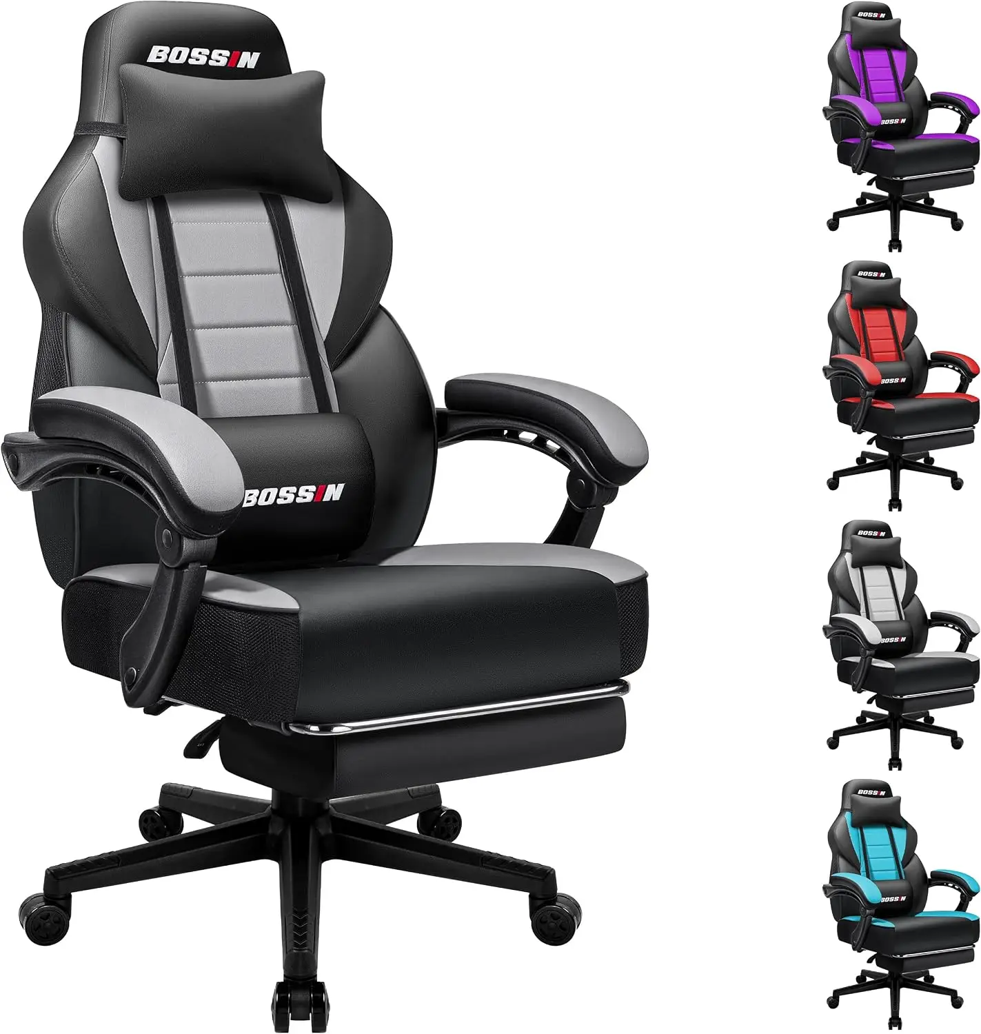 Gaming Chair with Massage, Ergonomic Heavy Duty Design with Footrest and Lumbar Support, Large Size Cushion High Back Office Chair, Big and Tall Gaming Computer Chair for Kids,Gray