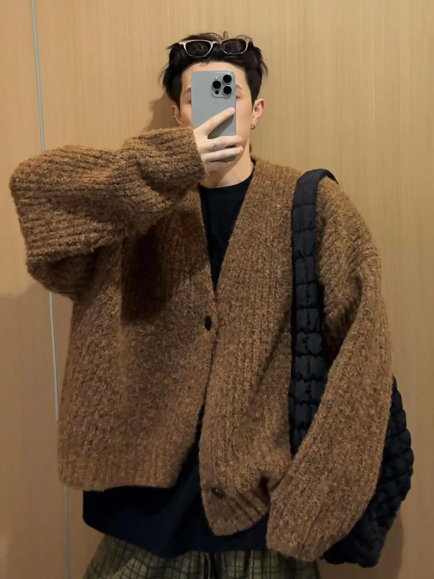 

Мужской вязаный свитер свободного кроя в американском стиле, повседневный, на пуговицах, осенне-зимний, модный