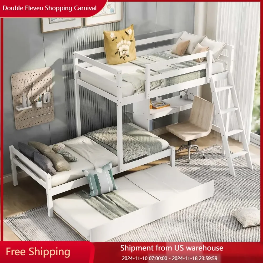 Twin Size Bunk Bed with Desk, Tray and Ladder, Suitable for Teenagers and Adults, Without Springs,Bed Bases & Frames