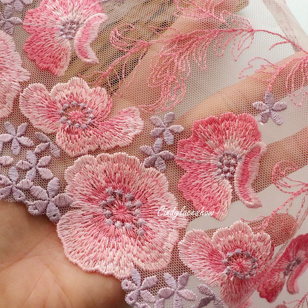 1 Meter 26 CM Wide Pink Flowers Embroidered Wedding Dress Lace Trim Fabric White Mesh For Bra Garment Sewing Clothes Accessories