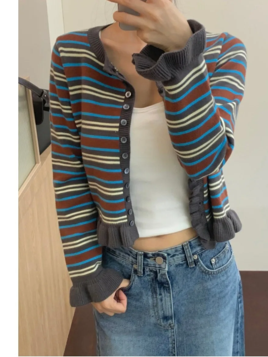 

Ele Early Spring Knitted Sweater Coat Vintage Striped Long Sve Open Cardigan Fene Flounce Detail Loose Fit Women's...