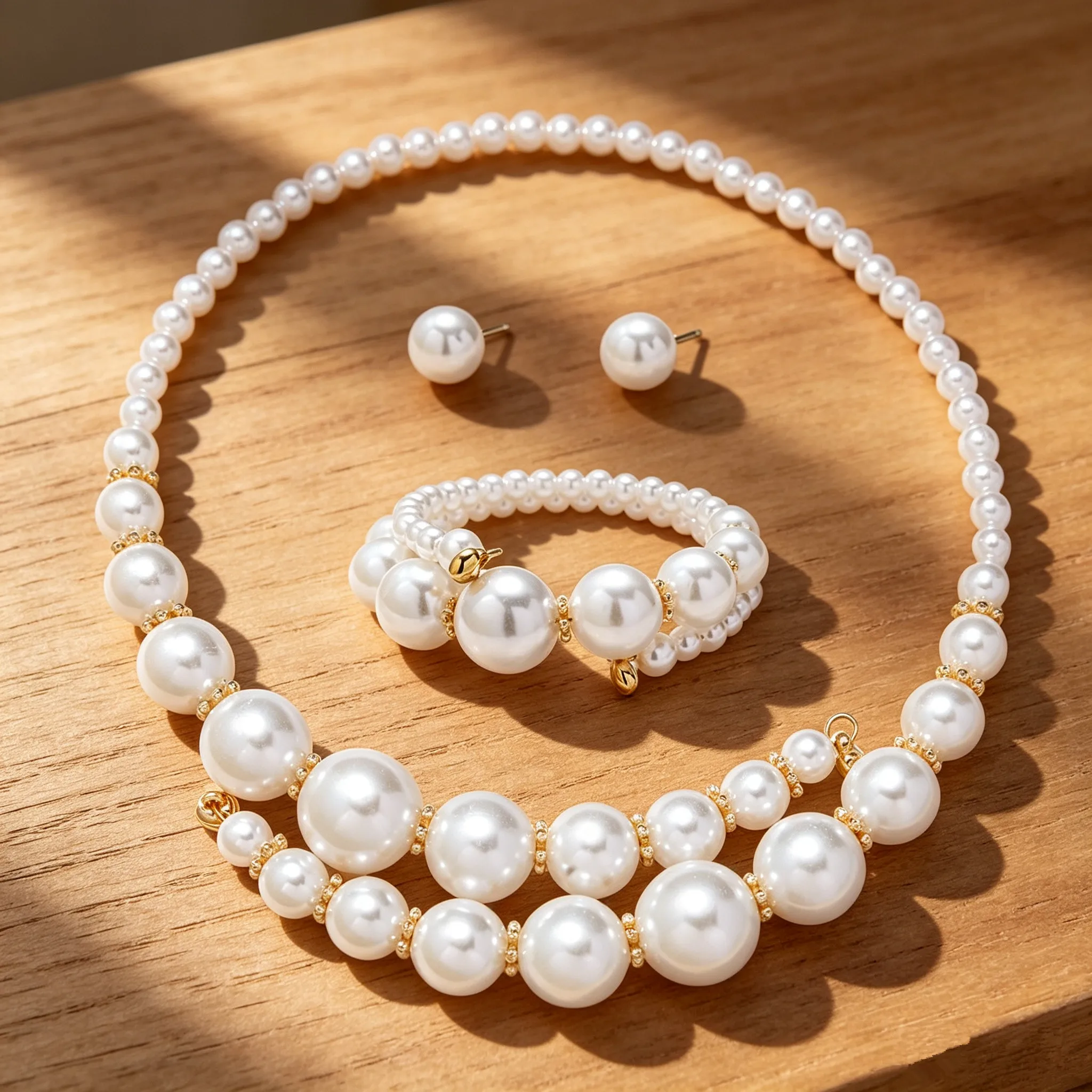 Elegant Imitation Pearl Jewelry Set for Women Big Size Pearl Necklace Bracelet Earrings 3Pcs Bridal Wedding Party Daily Fashion