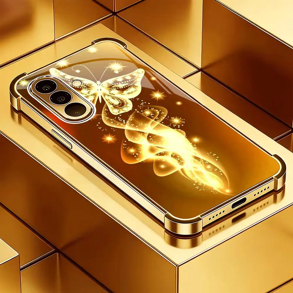 Golden butterfly plated glass phone case suitable for Samsung Galaxy S26 S25 S24 S23 S22 S20 FE/Ultra/Plus anti drop back cover