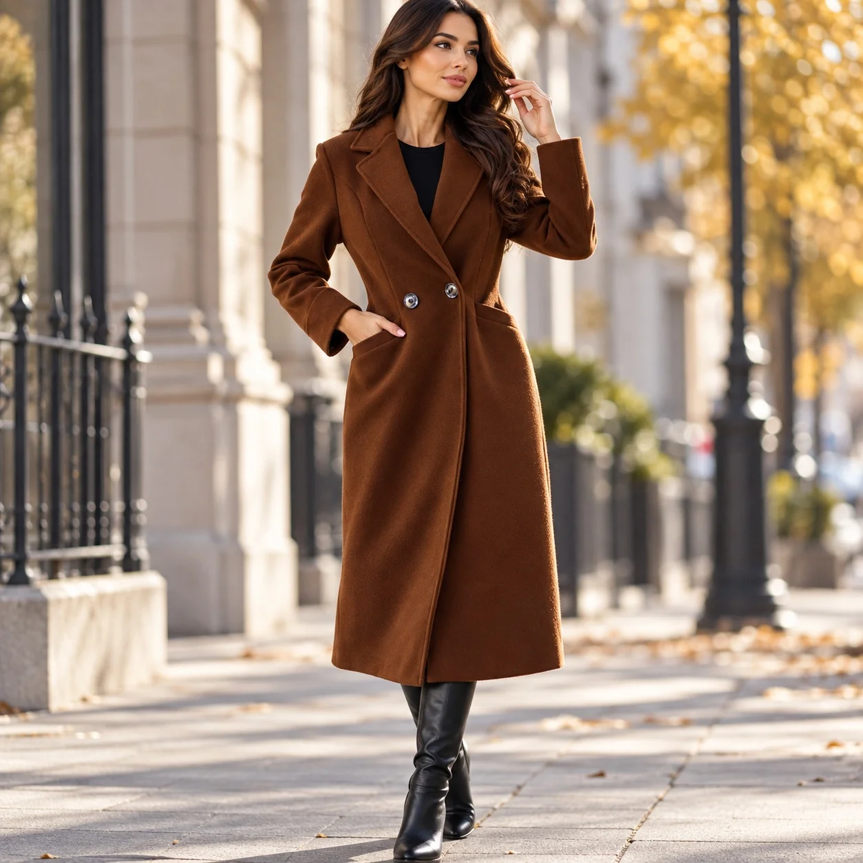 Women's Wool Blend Coat with Lapel Collar Long Sleeve Slim Fit Pockets Winter Autumn Mid Long Urban Commuter Chic Outerwear