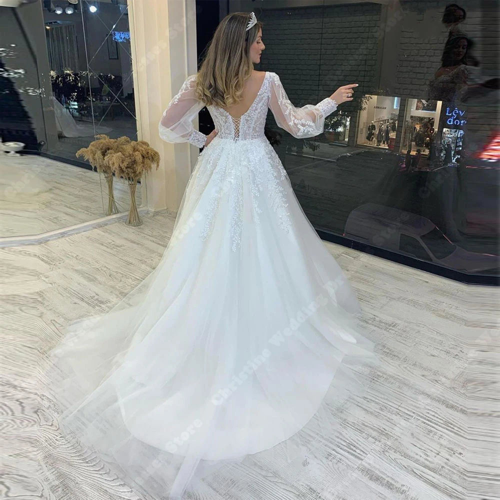 Vestidos de casamento sexy com gola V profundo para mulheres, elegante linha A, manga longa, vestidos de noiva, banquete e noivado formal, 2022