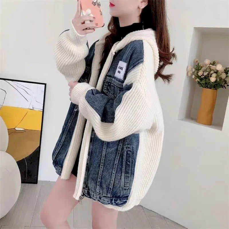 Sweaters Knitted Cardigans for Women Loose Casual Vintage Oversized Denim Patchwork Coats Korean Style Long Sleeved Women Tops