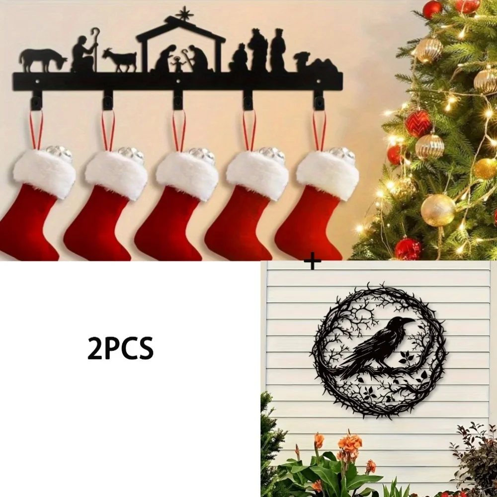 2Pcs Nativity Scene Stocking Holder & Crow Thorn Circle Metal Wall Art, Black Wrought Iron Gothic Decor for Living Room