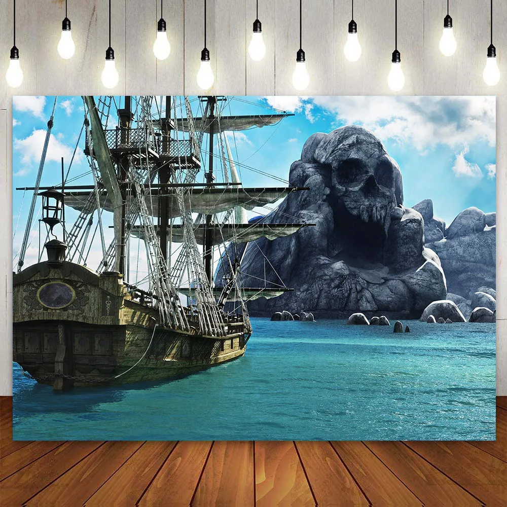 Pirate Theme Party Backdrop Mystic Sea Vintage Pirate Ship Treasure Hunt Adventure Boys Island Background Banner Poster Decor