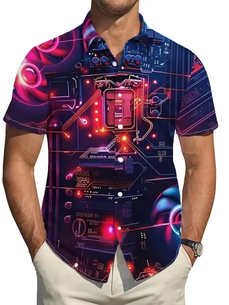 

Men's Circuit Board Print Hawaiian Shirts 3D Tech Style Electronic Pattern Short Sleeve Beach Shirt Summer Vacation Aloha Shirt