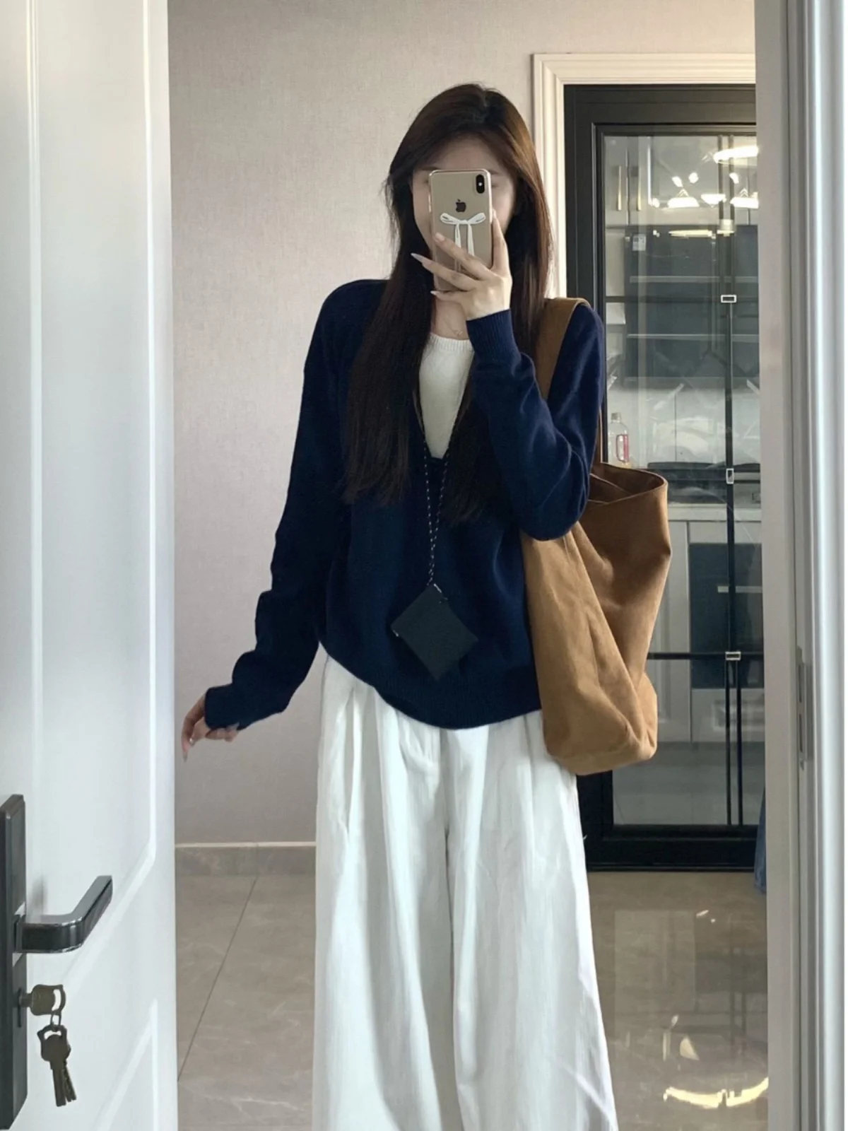 الأمريكية كسول Sle اللون بلو فضفاض محبوك V-Ne أعلى المرأة ربيع الخريف التخسيس طويل Sve سترة عارضة Faion