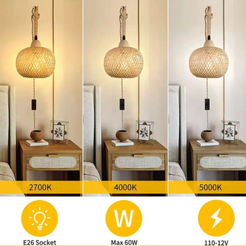 Natural Rattan Bamboo Lantern Wall Lamp Hand-Woven Creative Design Hand-Woven Wall Light Fixtures Retro Style