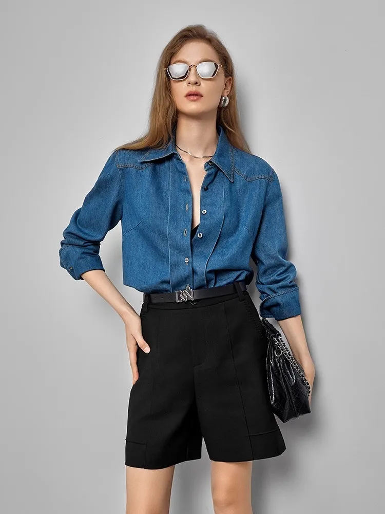 French Retro Denim Shirt For Women'S Spring And Autumn Haute Couture Lapel Loose And Fashionable Long Sleeved Shirt