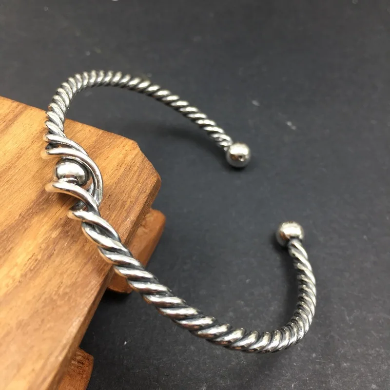 Threaded Beaded Twist S925 Sterling Silver Fortune Bead Bracelet Handmade Weaving