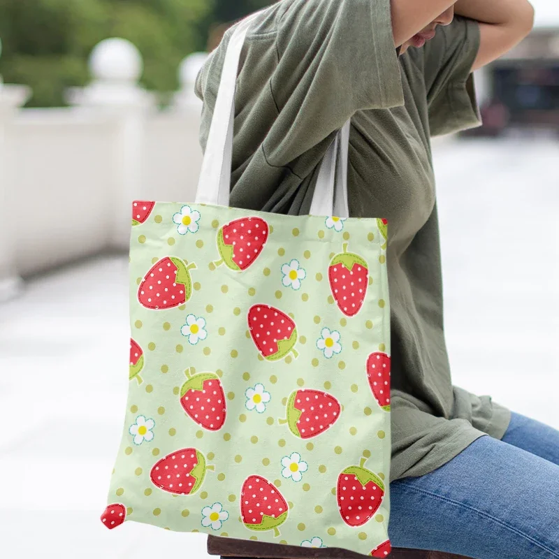 Strawberry Lemon Pattern Women's Environmental Protection Shopping Canvas  Leisure  Large  Handbag  Flower  Printing  Aesthetics