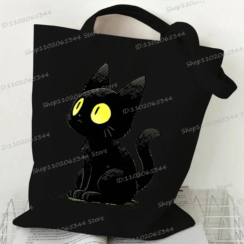 Canvas Tote Bag Anime Black Cat Print Shopping Bag Women Graphic Casual Fashion Teen Handbag Cartoon Kitten Side Bag for Ladies