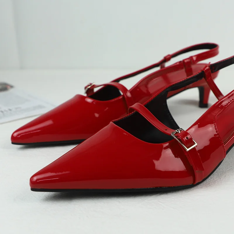 Lakleer Dames Sandalen Sexy Puntige Neus Rug Riem Gesp Zomer Slingback Schoeisel Grote Maat Hoge Hak Rode Trouwschoenen