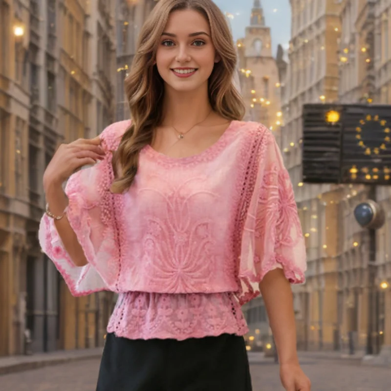 Summer Lace Women Blouse Fashion Elegant Hollow Out Chiffon Shirts Spring Butterfly Flower Casual Tops