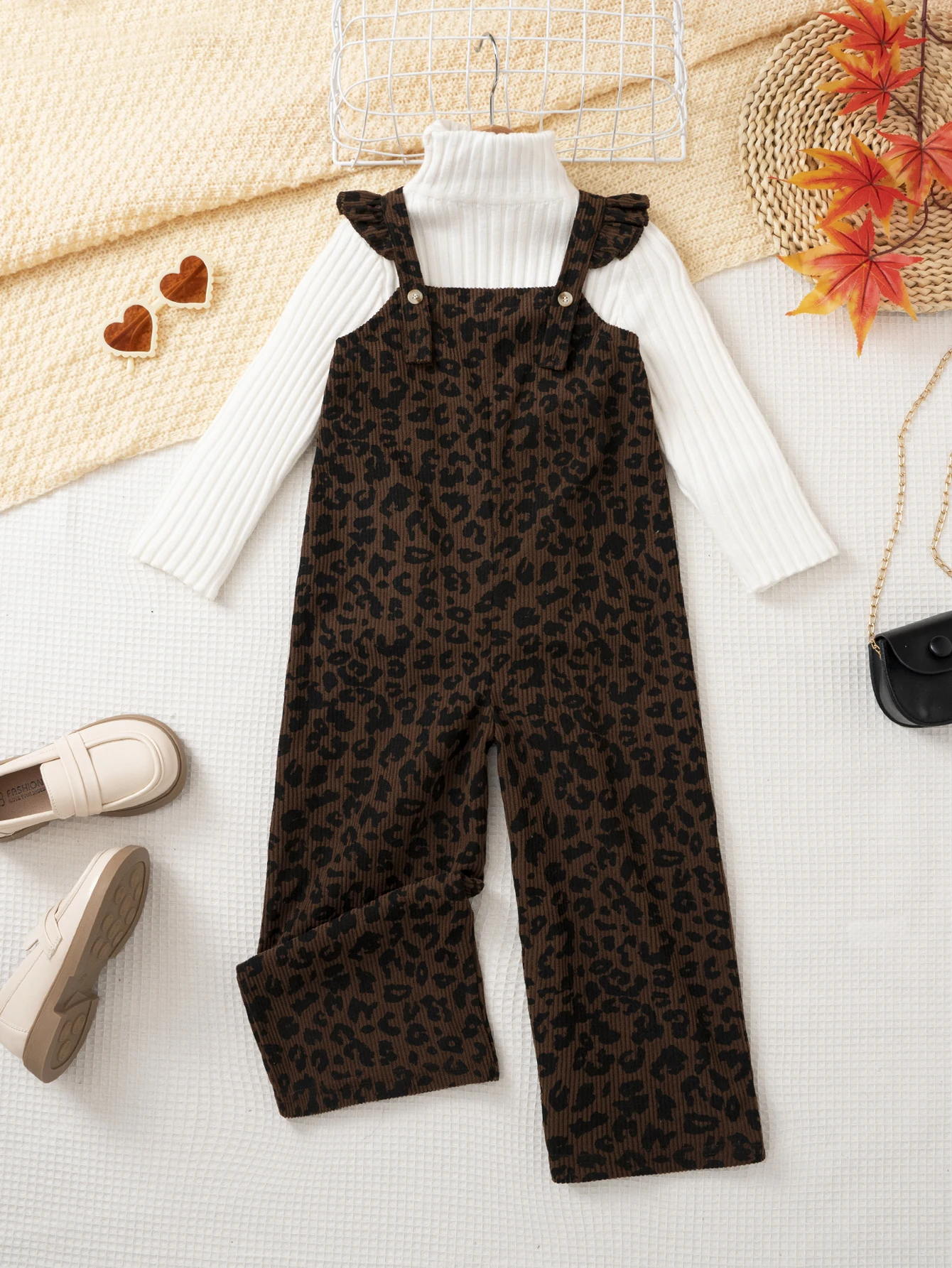 Mädchen Einteiler Overall Leopardenmuster Cord-Jumpsuit Weites Bein Latzhose Mädchen Rüschen-Träger-Strampler Herbst Kinderkleidung – Detail 8