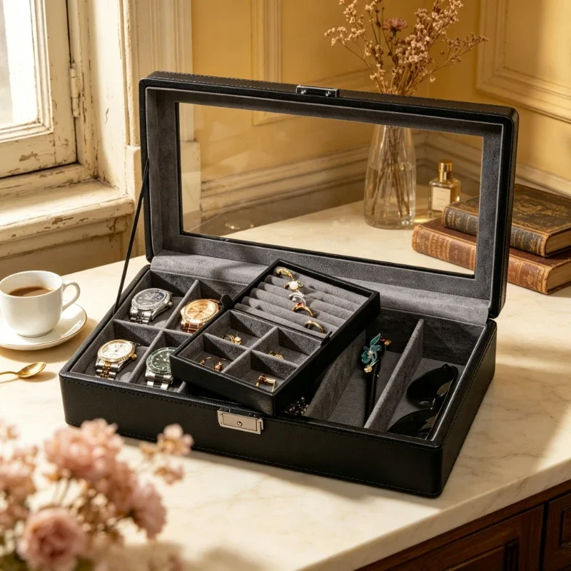 Leather Watch Box Large Capacity Multi Slot Organizer for Watches Sunglasses Jewelry Men's Travel Storage Case 시계 보관함