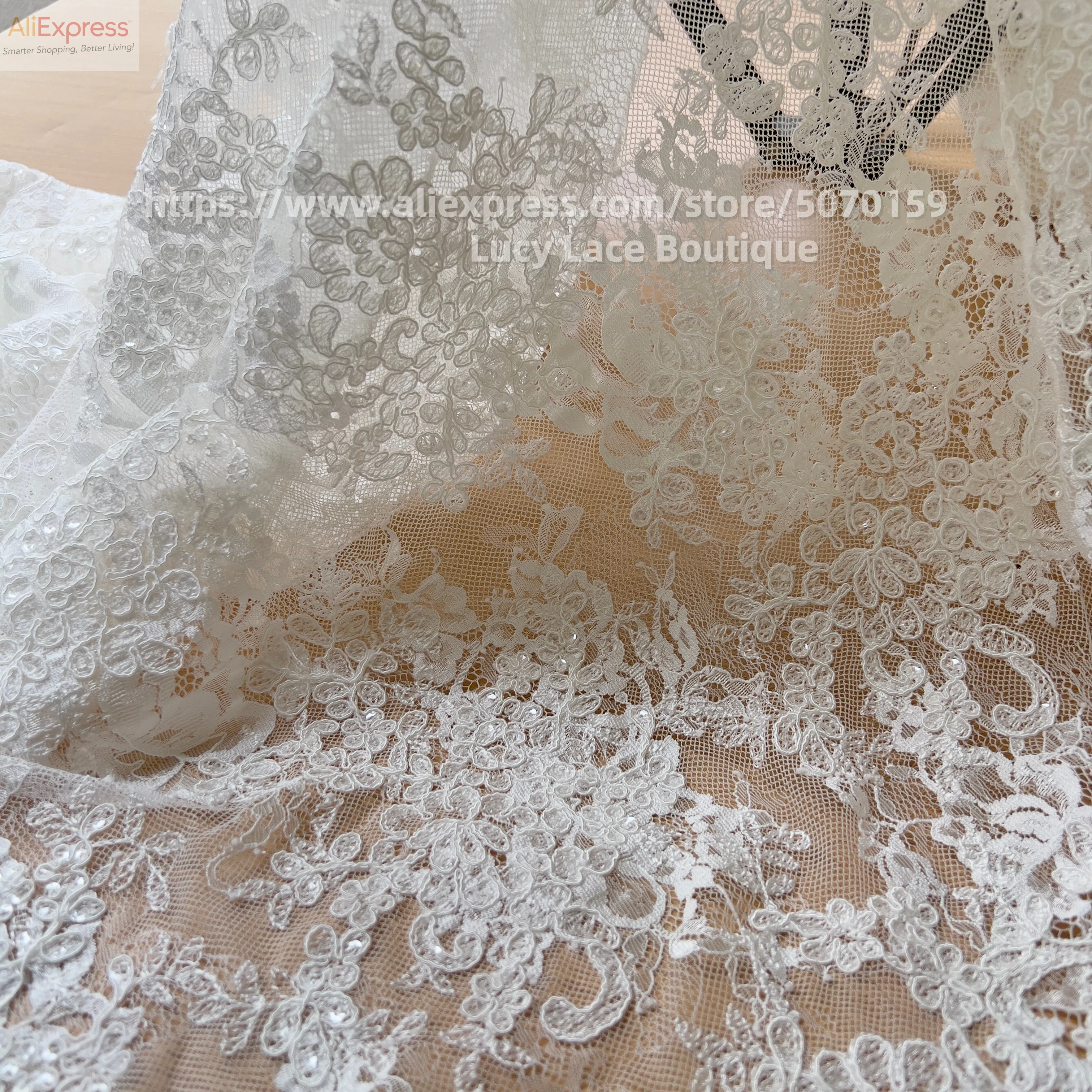 130CM Wide Super Luxury Chic Fabrics Wholesale Off White Bride Embroidered Fabric Strong Cording French Lace Cord Lace Sequins
