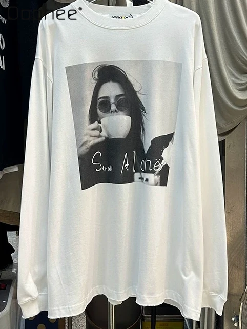 

Medium and Long Large Version T-shirt Long Sleeve Women's American Print Pullover Round Neck Back Letter Loose Fashion Loose Top