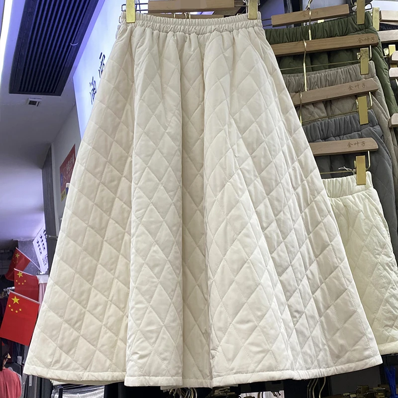 Classical Solid Color Women's Skirts Diamond Grid Cotton Padded Autumn Winter Skirt Elastic Waist A-line Thick Warm Skirts