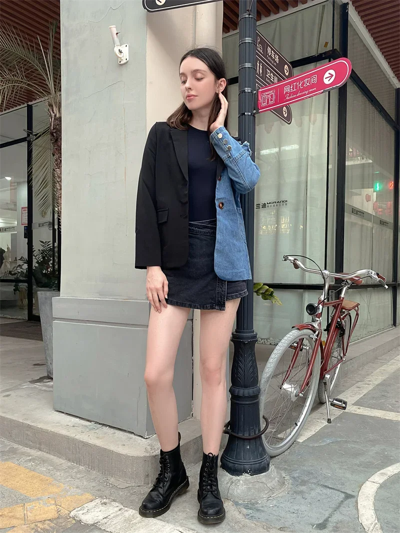 2023 Autumn Winter Women Korean Vintage Blazer Denim Patchwork Jackets Irregular Coat Women Long Sleeve Oversize Outerwear Suit