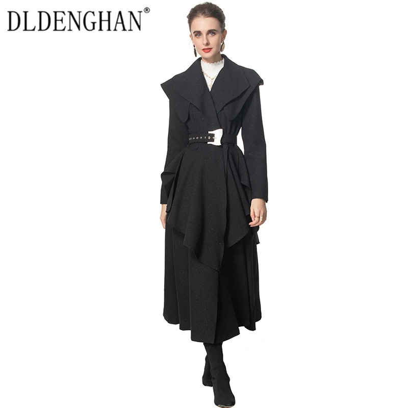 

DLDENGHAN Autumn Women Turn-down Collar Long Sleeves Crystal Sashes Ruffles Solid Color Office Lady Outerwear Fashion Runway New