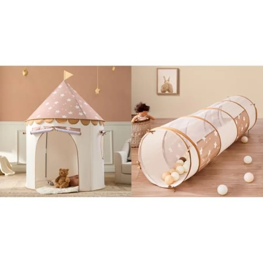

Indoor toddler tunnel toy, 69 x 18 pop-up crawl tunnel tent for babies, khaki castle-style fabric with quick-setup design