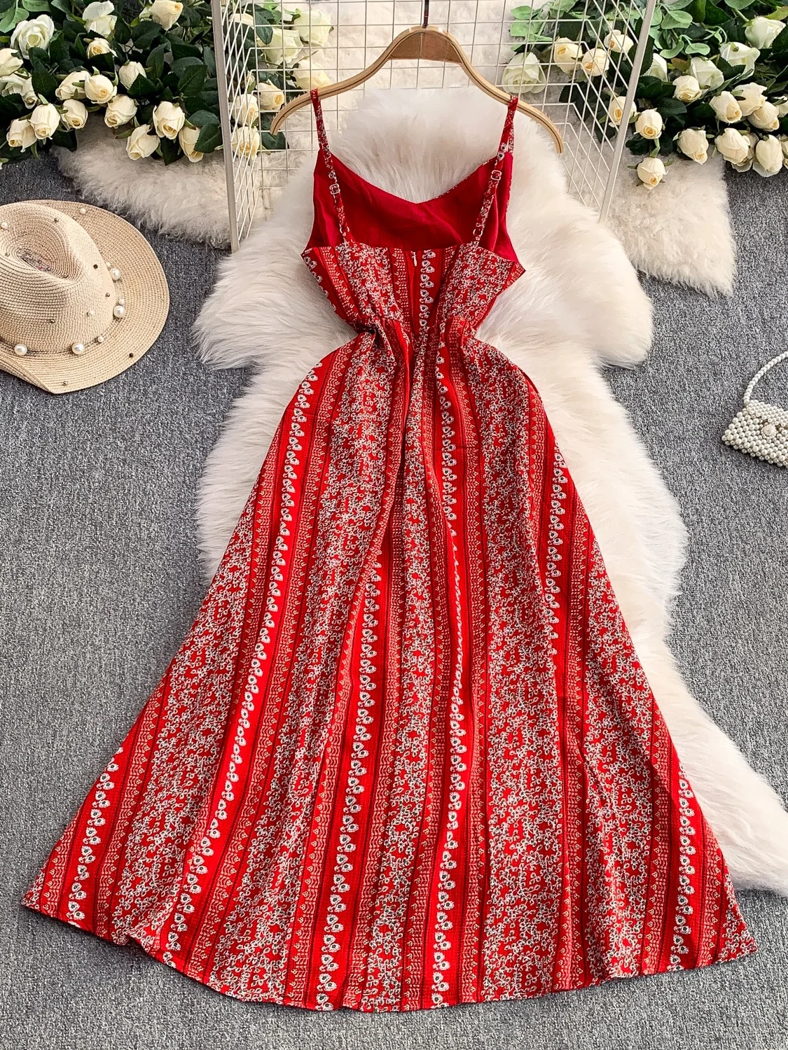 Sweet Floral V-ne Strapl Dr Women's Summer Holiday Sexy Bal High Waist Slimming Maxi Skirt Korean Sle Print A-...