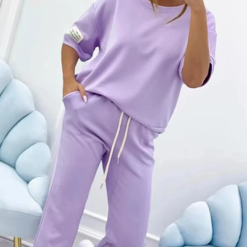 

Fashion O-neck Pullover & Drawstring Pant Set Casual Half Sleeve Solid Loose 2 Piece Suit Women Elegant Simple Sportswear Outfit