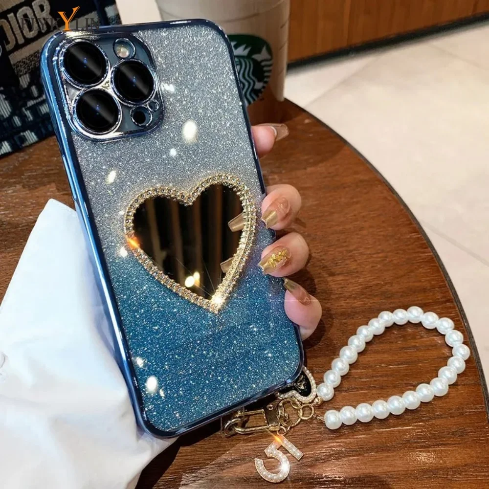 

Роскошный зеркальный чехол для телефона с бриллиантами Love для MOTO Edge 60 Fusion E13 E20 E22 E32, подвесная веревка с жемчужным сердцем