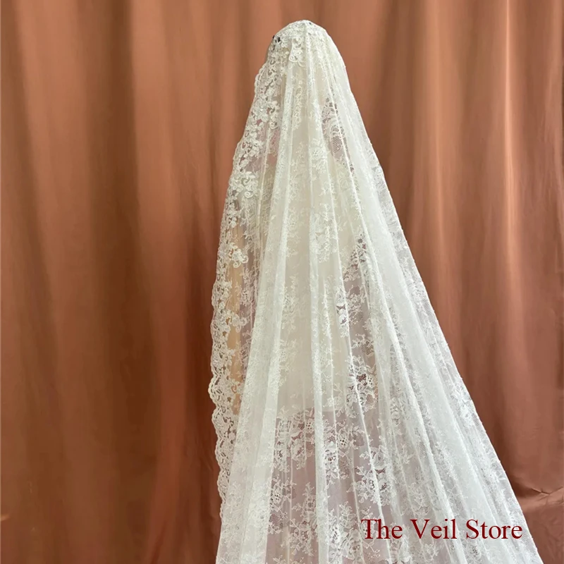 3 M Wide Mantilla Wedding Bridal Veils Lace With Bone Trim Accessories Chantilly Catholic For Brides Vintage Elegant Floral Long image 3