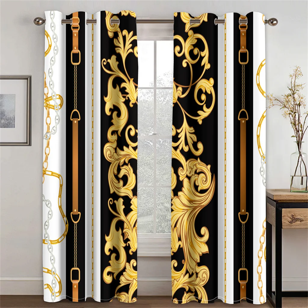 3D Print Modern Luxury Brand Design Black and Gold Pattern Thin Shading Polyester Curtain for Living Room Bedroom Decor Hooks