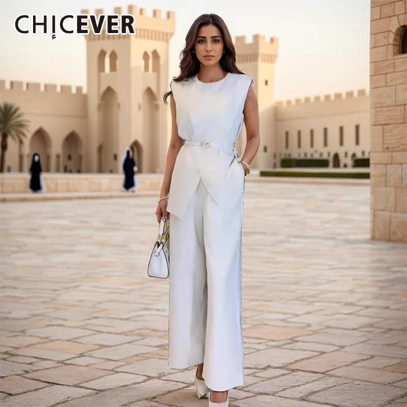 CHICEVER Solid Winkled Suits For Women Round Neck Sleeveless Spliced Belt Top High Waist Wide Leg Pant Summer Set Female Clothes