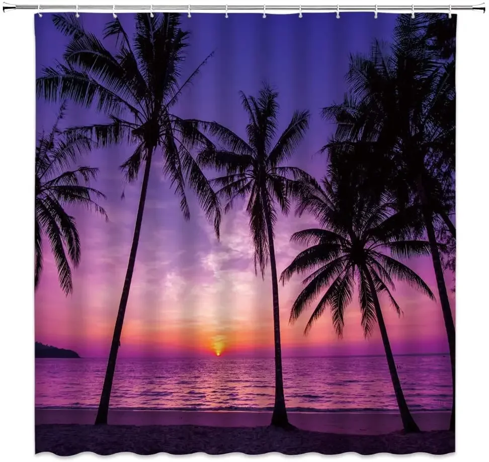 Ocean Sunset Shower Curtains Tropical Beach Palm Tree Dusk Sky Hawaii Sea Seaside Seascape Purple Black Bathroom Decor Set Hooks