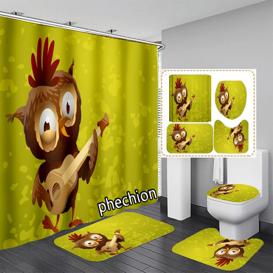 New Cartoon Owl 3D Print Shower Curtain Waterproof Bathroom Curtain Anti-slip Bath Mat Set Toilet Rugs X23