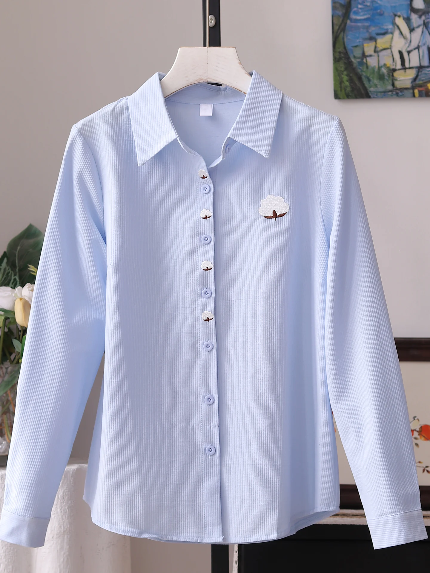 

Casual Cotton Shirt Women Long Sleeve Loose Heavy Embroidery Versatile Top Simple Shirt Spring Autumn New Style Breathable Th...