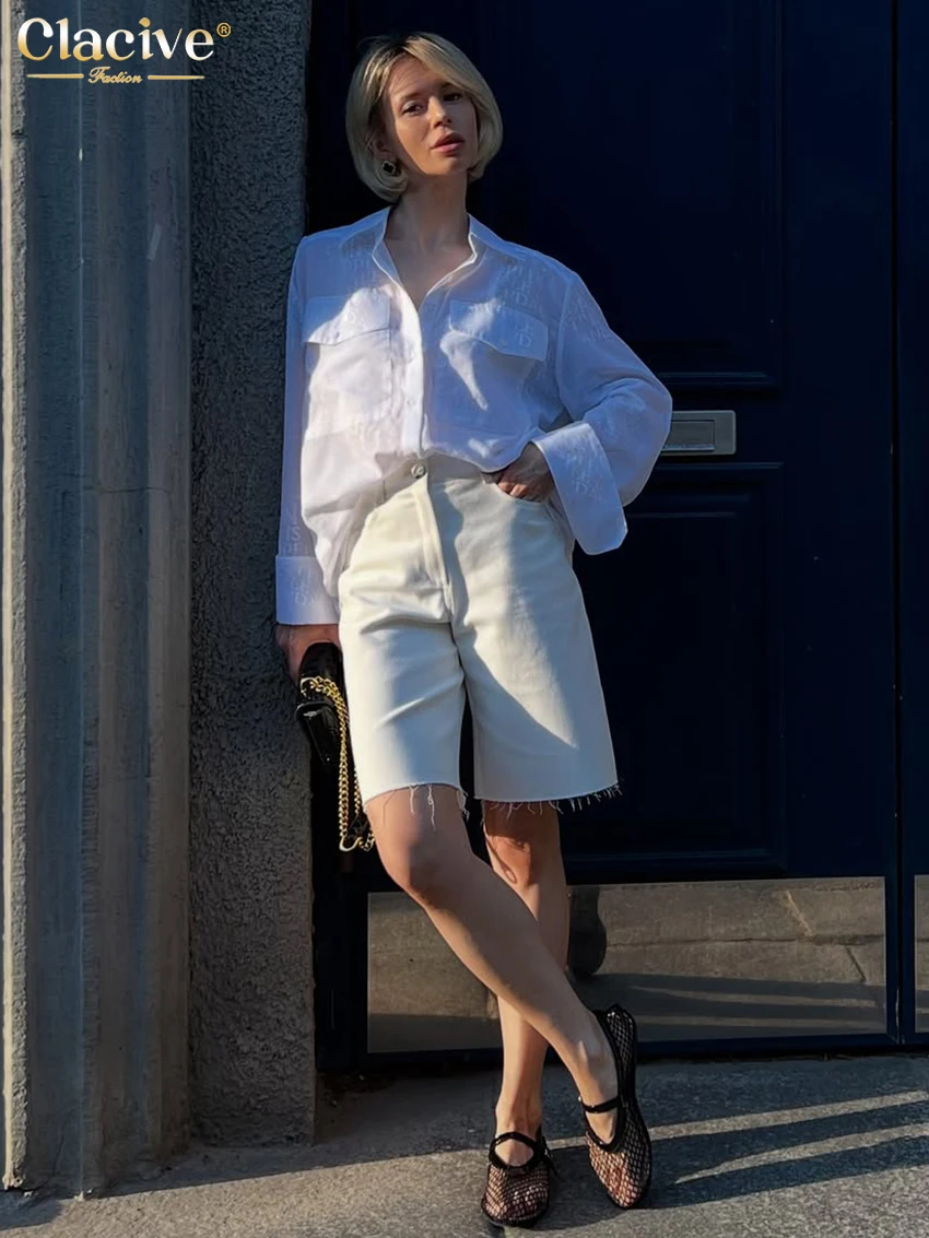 Clacive Fashion Loose Print Women's Shirt 2025 Casual Lapel Long Sleeve Blouse Elegant Classic Pockets Top Female Clothing