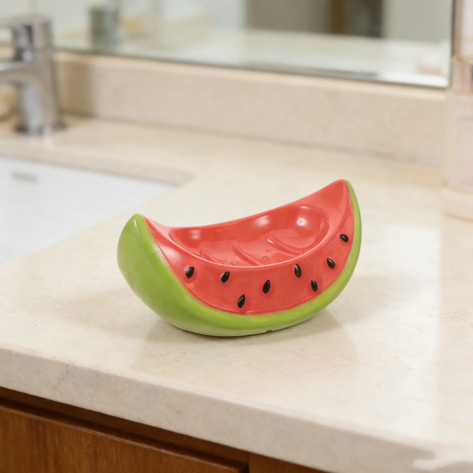 

Watermelon Shape Self Draining Soap Dish Ceramic Holder with Drain Tray for Bathroom Sink Countertop Bar Soap Saver