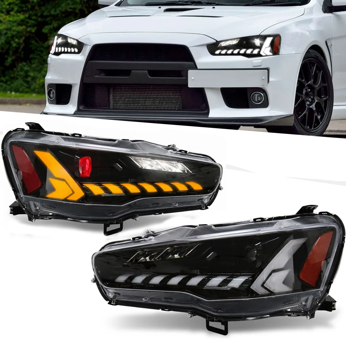 

Для Mitsubishi Lancer EVO X 2008-2020: Светодиодные фары, ДХО (дневные ходовые огни), последовательные указатели поворота, передние бамперные дневные ходовые огни