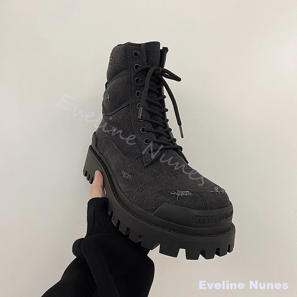 Men Black Distressed Canvas Platform Boots Ripped Washed Lace Up Chunky Heel Anti-Slip Work Boots Gothic Street Punk Short Boot