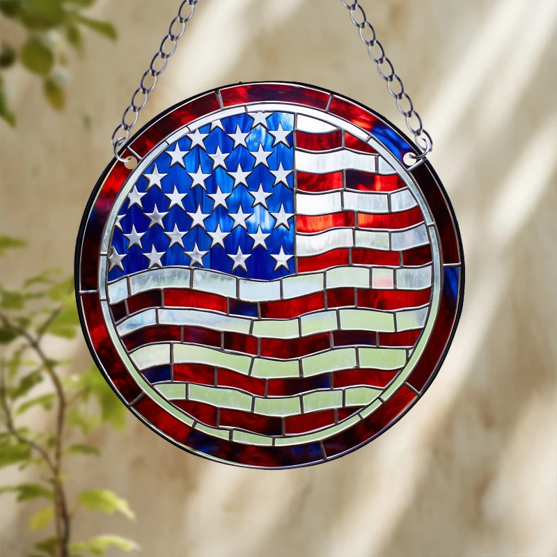 American Flag Style Suncatcher Window Hanging Pendant Acrylic Round Ornament For Garden Home Room Wall Decor Festival Gifts