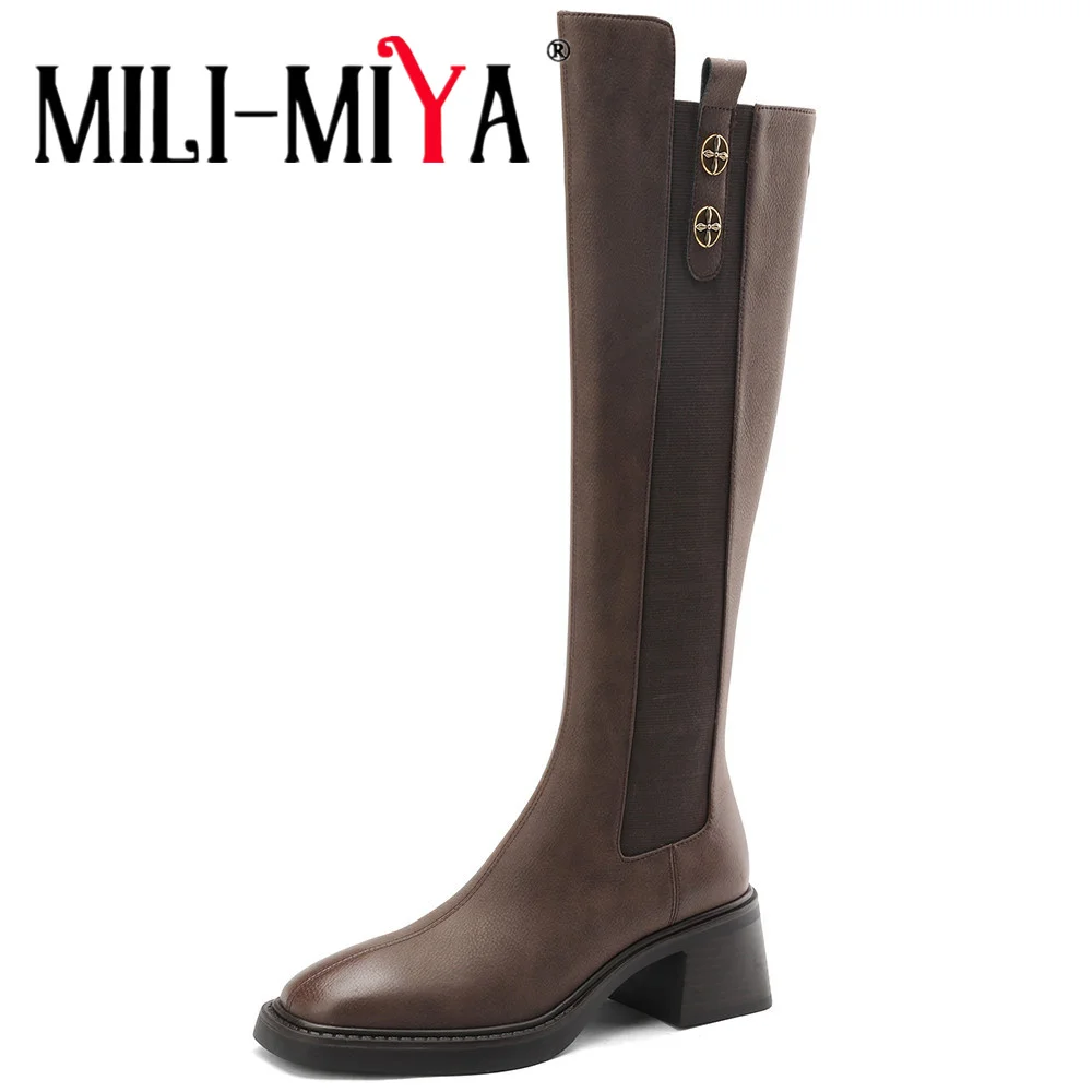 

MILI-MIYA Fashion Thick Heels Women Cow Leather Knee High Boots Square Toe Slip On Solid Color Concise Style Handmade For Ladies